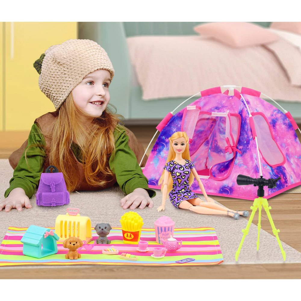 18 PCS Girl Doll Travel Camping Tent Set and Accessories for 11.5 Inch Girl Doll Includes Doll Tent, Clothes, Backpack, Toy Dog, Placemat, Toy Phone, Glasses (Doll NOT Included)
