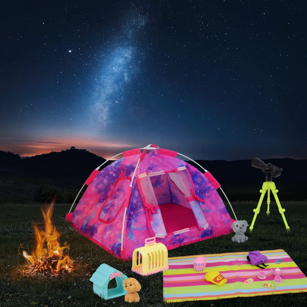 18 PCS Girl Doll Travel Camping Tent Set and Accessories for 11.5 Inch Girl Doll Includes Doll Tent, Clothes, Backpack, Toy Dog, Placemat, Toy Phone, Glasses (Doll NOT Included)