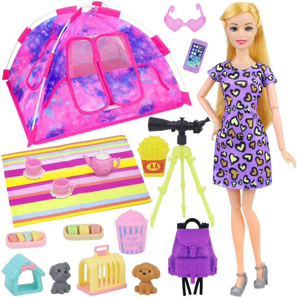 18 PCS Girl Doll Travel Camping Tent Set and Accessories for 11.5 Inch Girl Doll Includes Doll Tent, Clothes, Backpack, Toy Dog, Placemat, Toy Phone, Glasses (Doll NOT Included)