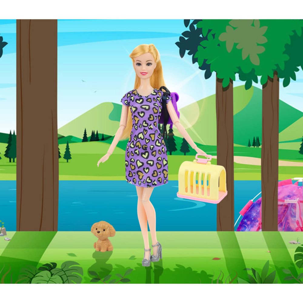 18 PCS Girl Doll Travel Camping Tent Set and Accessories for 11.5 Inch Girl Doll Includes Doll Tent, Clothes, Backpack, Toy Dog, Placemat, Toy Phone, Glasses (Doll NOT Included)