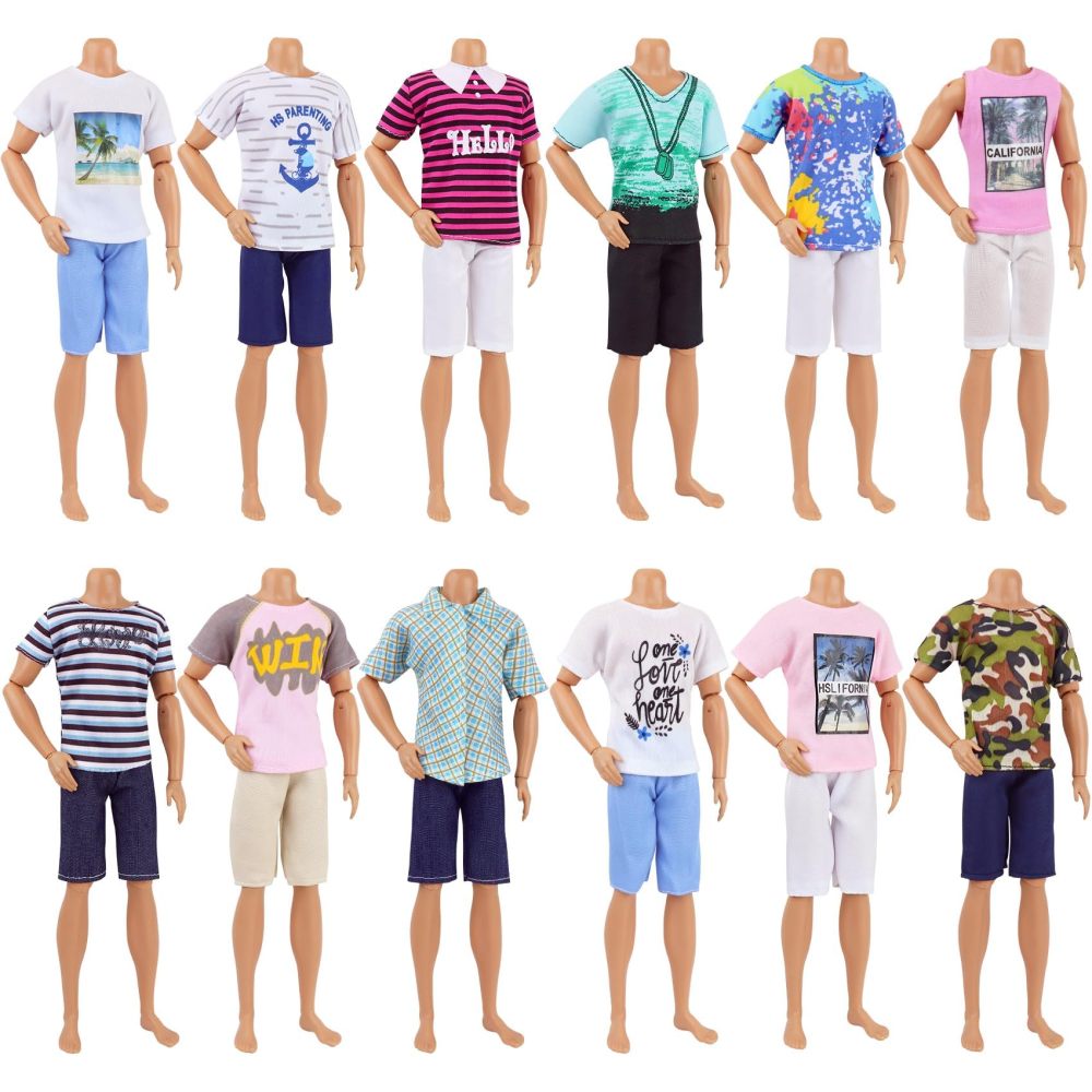 12 Items Random Doll Clothes for 11.5 Inch Boy Doll Include 4 Sets T-Shirt+Pants, 4 Pairs of Swimming Trunks
