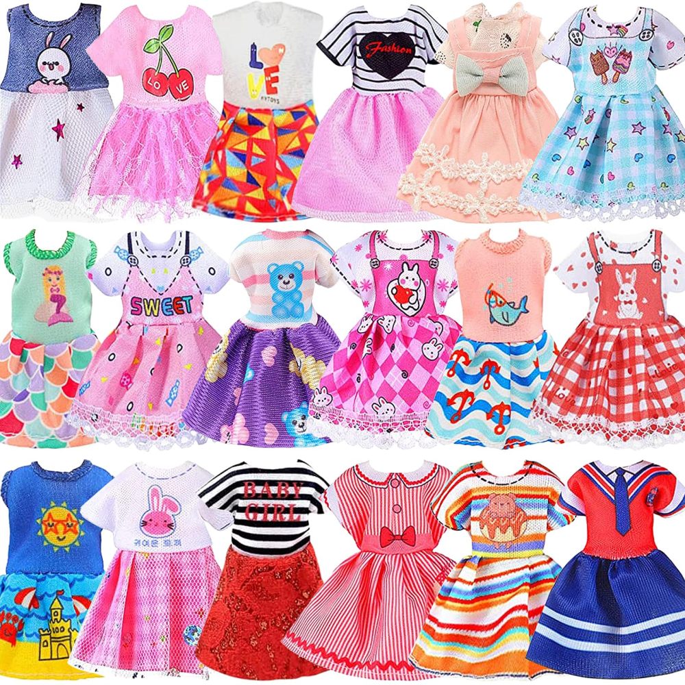 14 Pcs 5.3 Inch Doll Clothes and Accessories Include 3 Dresses, 3 Boy Doll Outfits (3 T-Shirt, 3 Pants), 2 Shoes, 1 Headset 1 Toy Dog 1 Computer for 5.3-6 Inch Doll