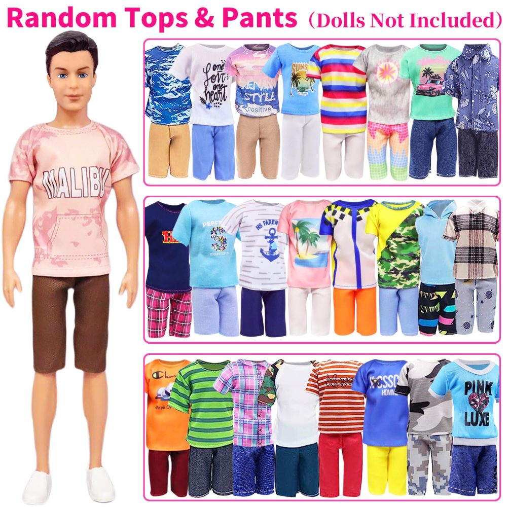 12 Items Random Doll Clothes for 11.5 Inch Boy Doll Include 4 Sets T-Shirt+Pants, 4 Pairs of Swimming Trunks