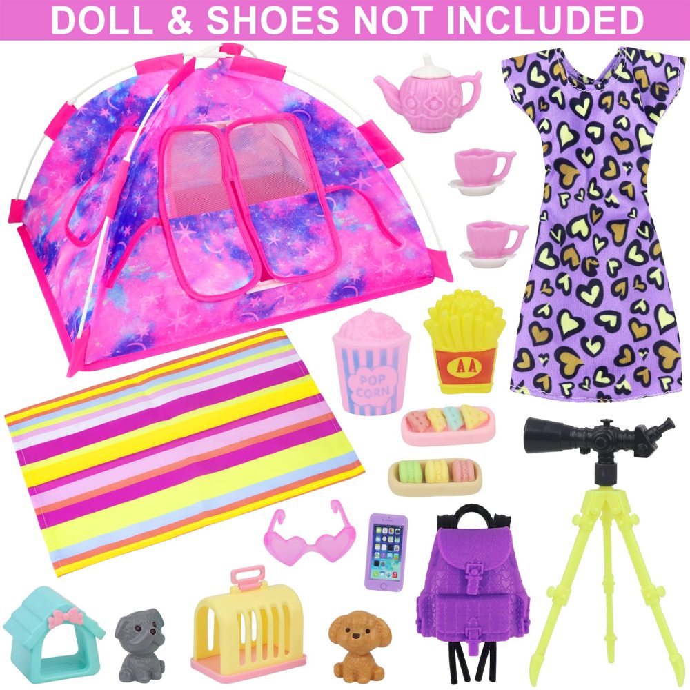 18 PCS Girl Doll Travel Camping Tent Set and Accessories for 11.5 Inch Girl Doll Includes Doll Tent, Clothes, Backpack, Toy Dog, Placemat, Toy Phone, Glasses (Doll NOT Included)