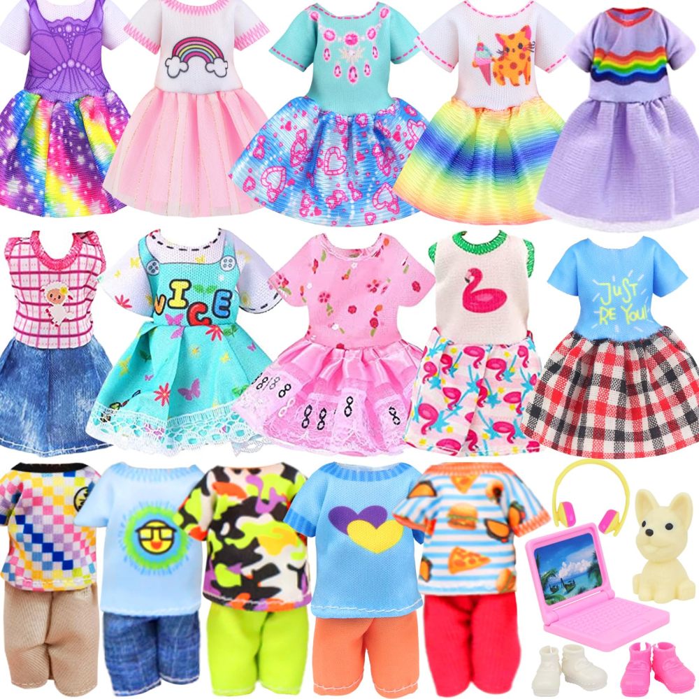 14 Pcs 5.3 Inch Doll Clothes and Accessories Include 3 Dresses, 3 Boy Doll Outfits (3 T-Shirt, 3 Pants), 2 Shoes, 1 Headset 1 Toy Dog 1 Computer for 5.3-6 Inch Doll