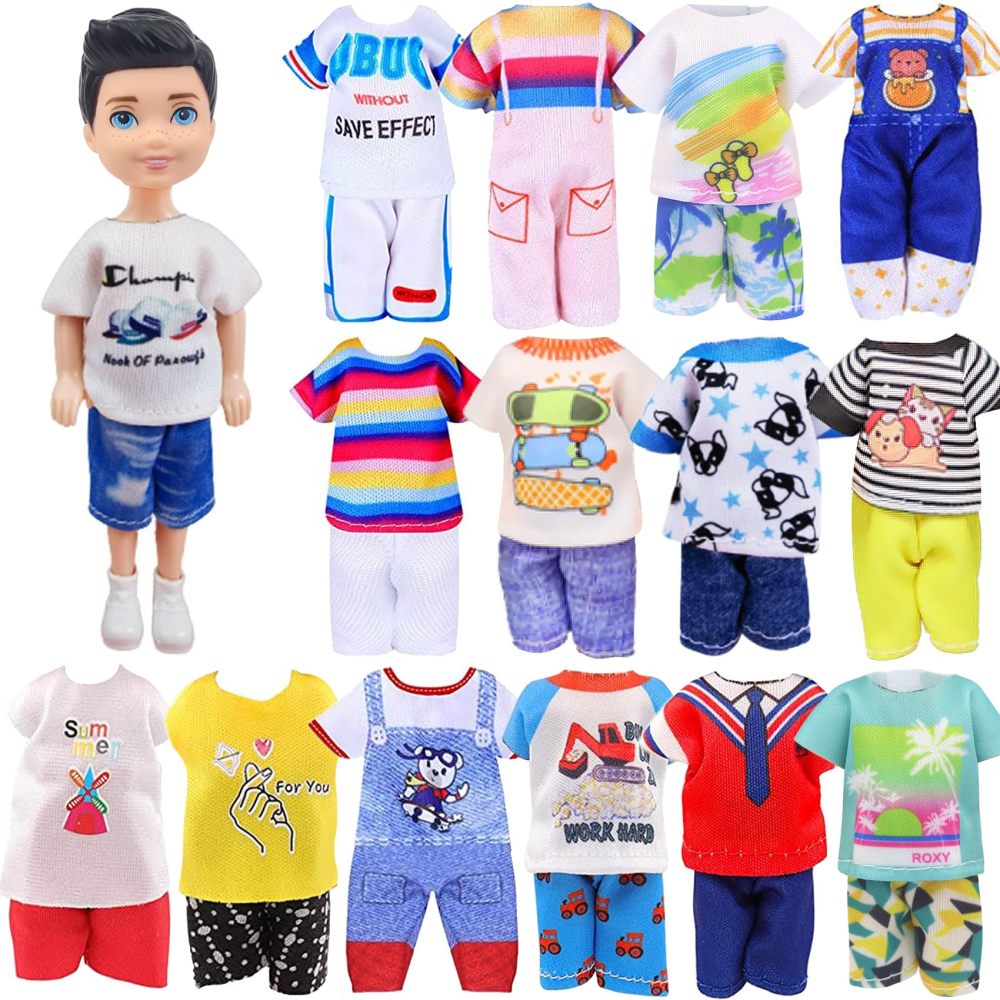 14 Pcs 5.3 Inch Doll Clothes and Accessories Include 3 Dresses, 3 Boy Doll Outfits (3 T-Shirt, 3 Pants), 2 Shoes, 1 Headset 1 Toy Dog 1 Computer for 5.3-6 Inch Doll