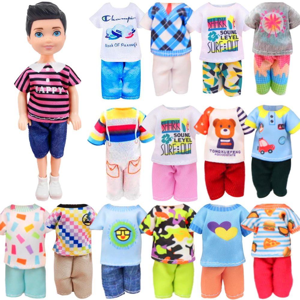 14 Pcs 5.3 Inch Doll Clothes and Accessories Include 3 Dresses, 3 Boy Doll Outfits (3 T-Shirt, 3 Pants), 2 Shoes, 1 Headset 1 Toy Dog 1 Computer for 5.3-6 Inch Doll
