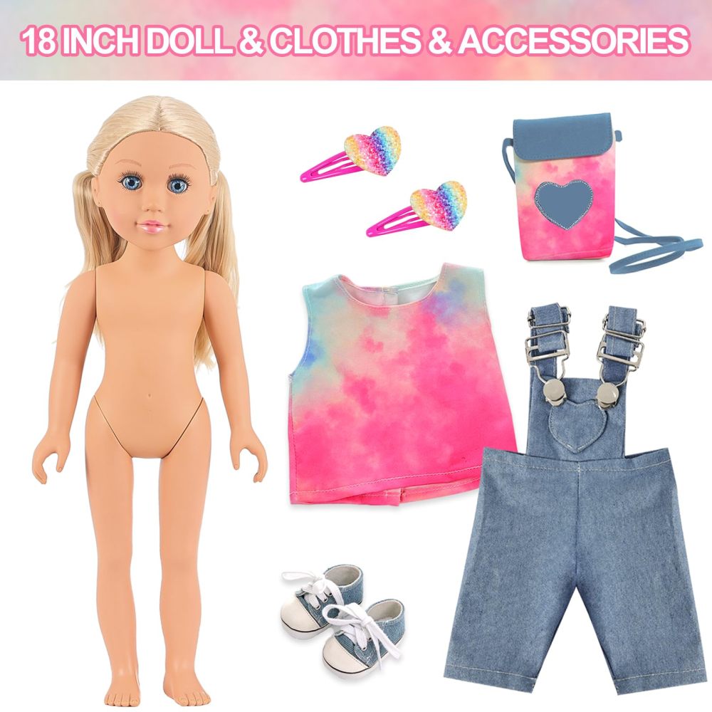 Ecore Fun 18 Inch Girl Doll with Clothes and Accessories 8 Pcs Doll Playset Include 18 Inch Doll, Doll Clothes, Doll Shoes, Doll Bag and Doll Hairpin（with Doll）