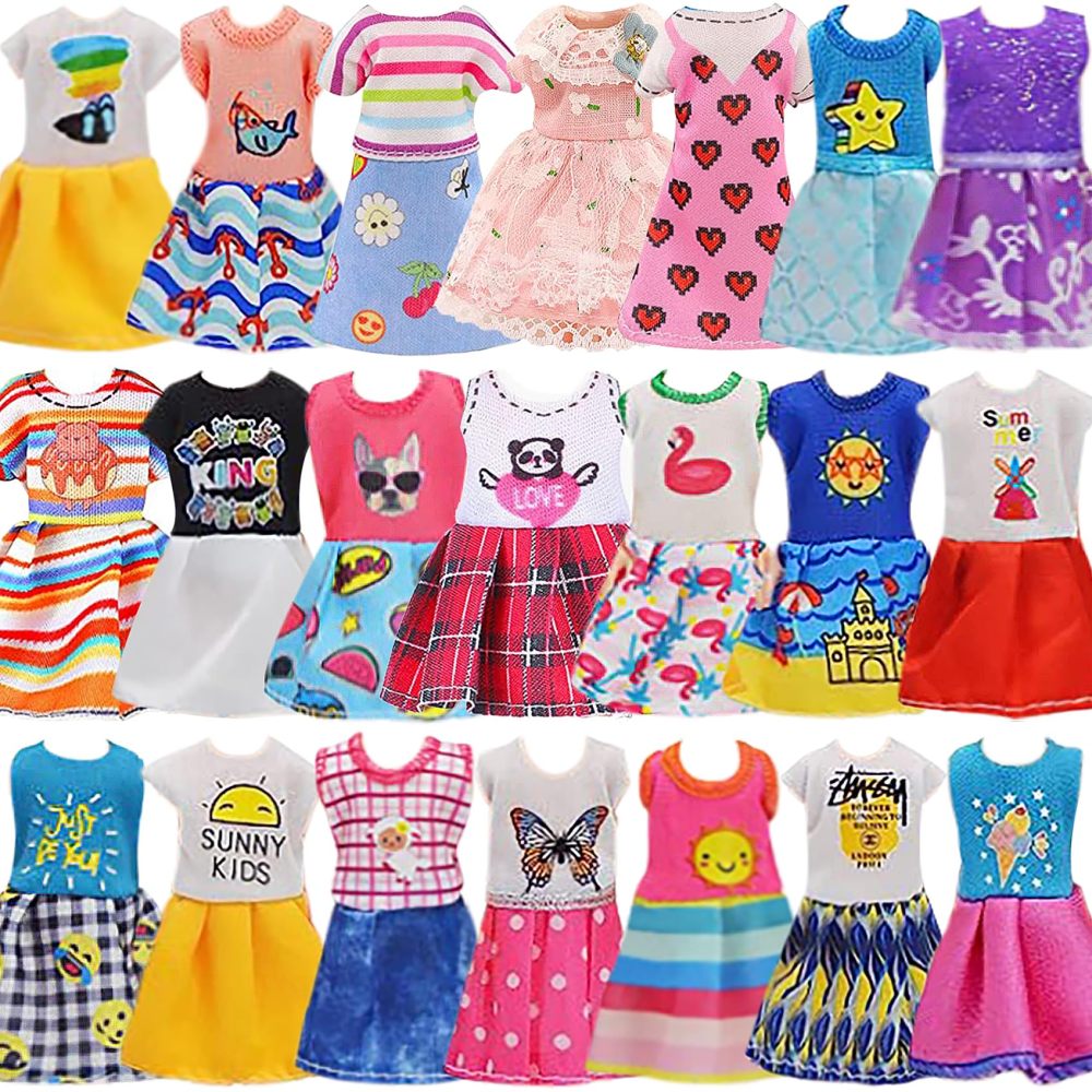 14 Pcs 5.3 Inch Doll Clothes and Accessories Include 3 Dresses, 3 Boy Doll Outfits (3 T-Shirt, 3 Pants), 2 Shoes, 1 Headset 1 Toy Dog 1 Computer for 5.3-6 Inch Doll