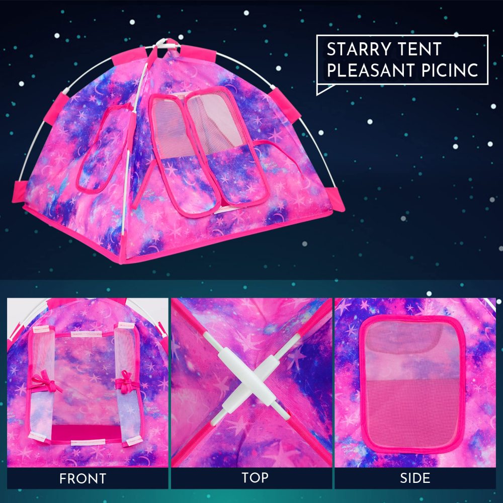 18 PCS Girl Doll Travel Camping Tent Set and Accessories for 11.5 Inch Girl Doll Includes Doll Tent, Clothes, Backpack, Toy Dog, Placemat, Toy Phone, Glasses (Doll NOT Included)