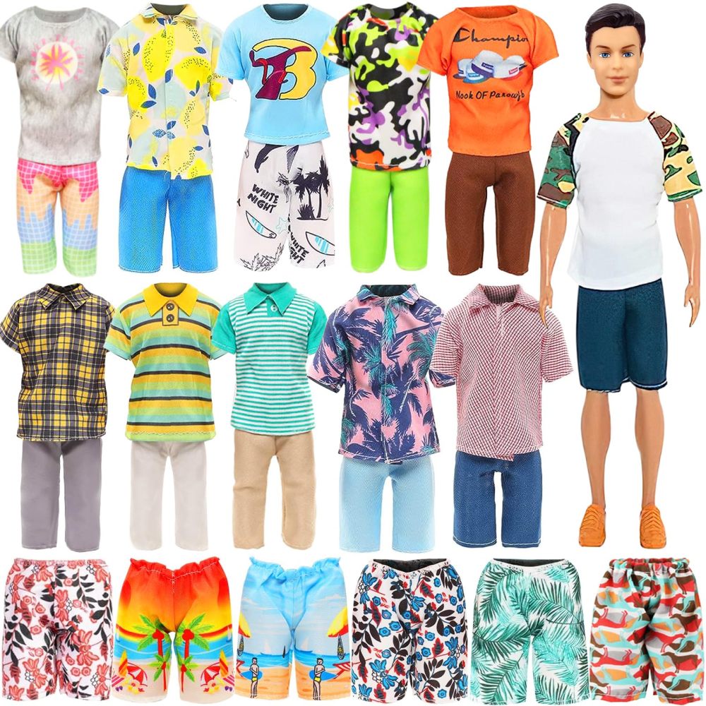12 Items Random Doll Clothes for 11.5 Inch Boy Doll Include 4 Sets T-Shirt+Pants, 4 Pairs of Swimming Trunks