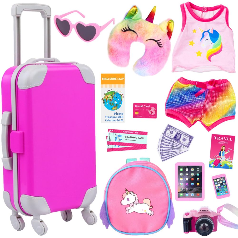 24 Pcs 18 Inch Girl Doll Accessories Suitcase Luggage Travel Set Including 18 Inch Doll Clothes Luggage Pillow Blindfold Sunglasses Camera Computer Cell Phone Ipad and Other Stuff