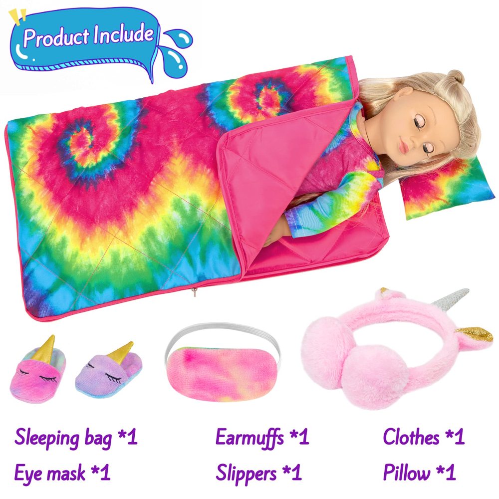 18 inch Girl Doll Clothes and Accessories Set-Colorful Tie-Dyed Sleeping Bag Pajamas Eye Masks Earmuffs Pillow Fits 18 inch Doll