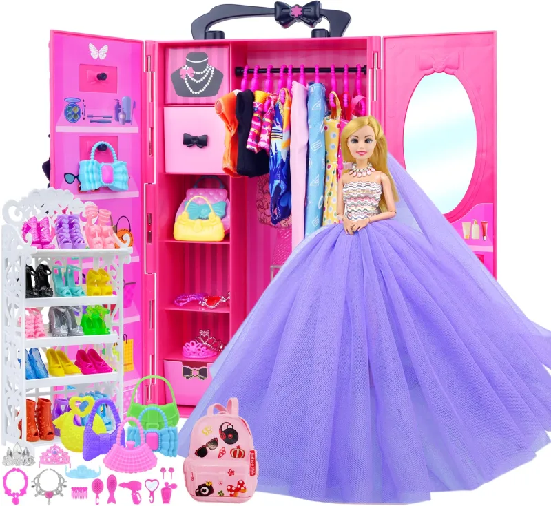 108 Pcs 11.5 Inch Doll Closet Wardrobe Include Clothes, Dresses, Shoes and Other Girl Doll Stuff for 11.5 Inch Girl Doll Clothes as Xmas Gift Present for Girls (NO Doll)