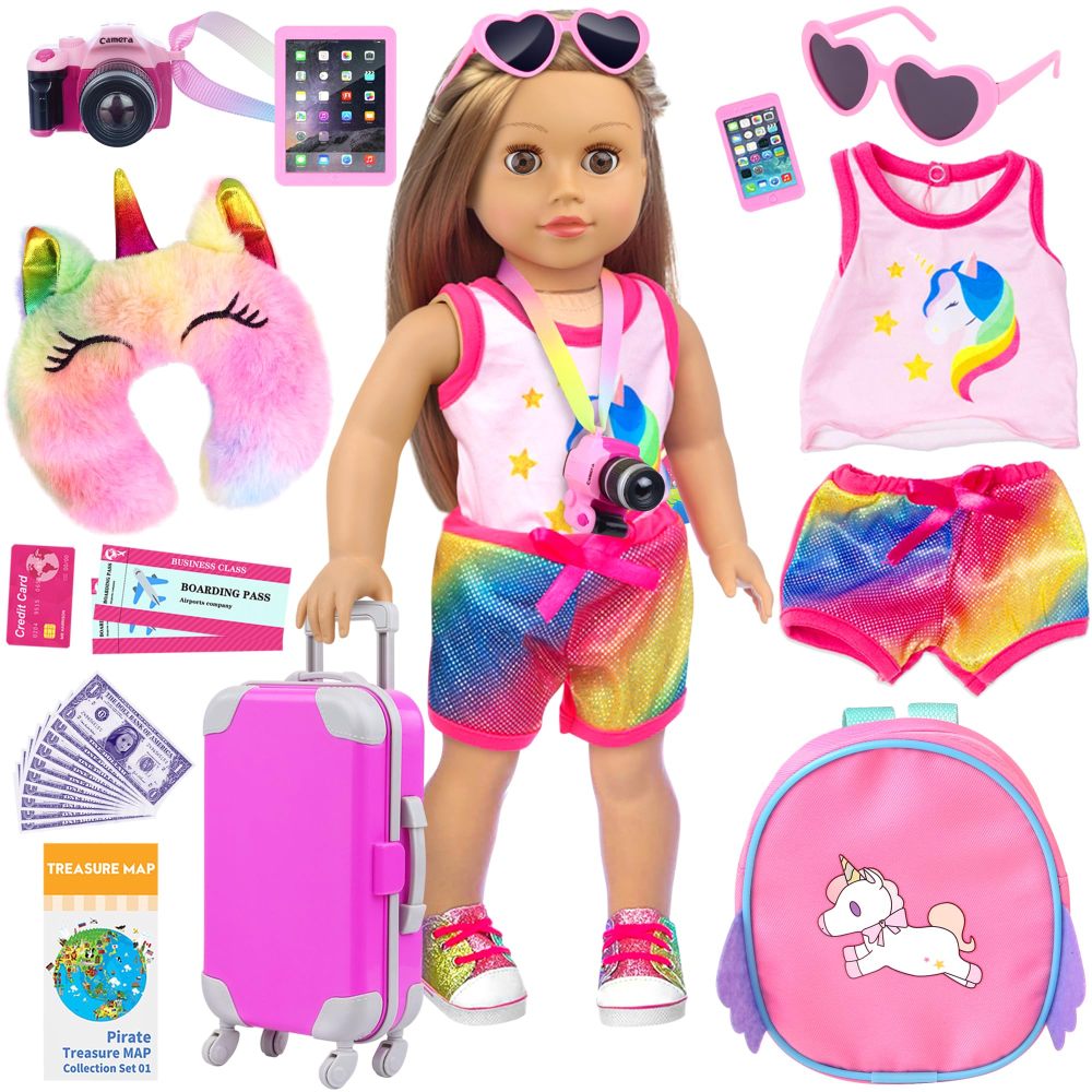 24 Pcs 18 Inch Girl Doll Accessories Suitcase Luggage Travel Set Including 18 Inch Doll Clothes Luggage Pillow Blindfold Sunglasses Camera Computer Cell Phone Ipad and Other Stuff