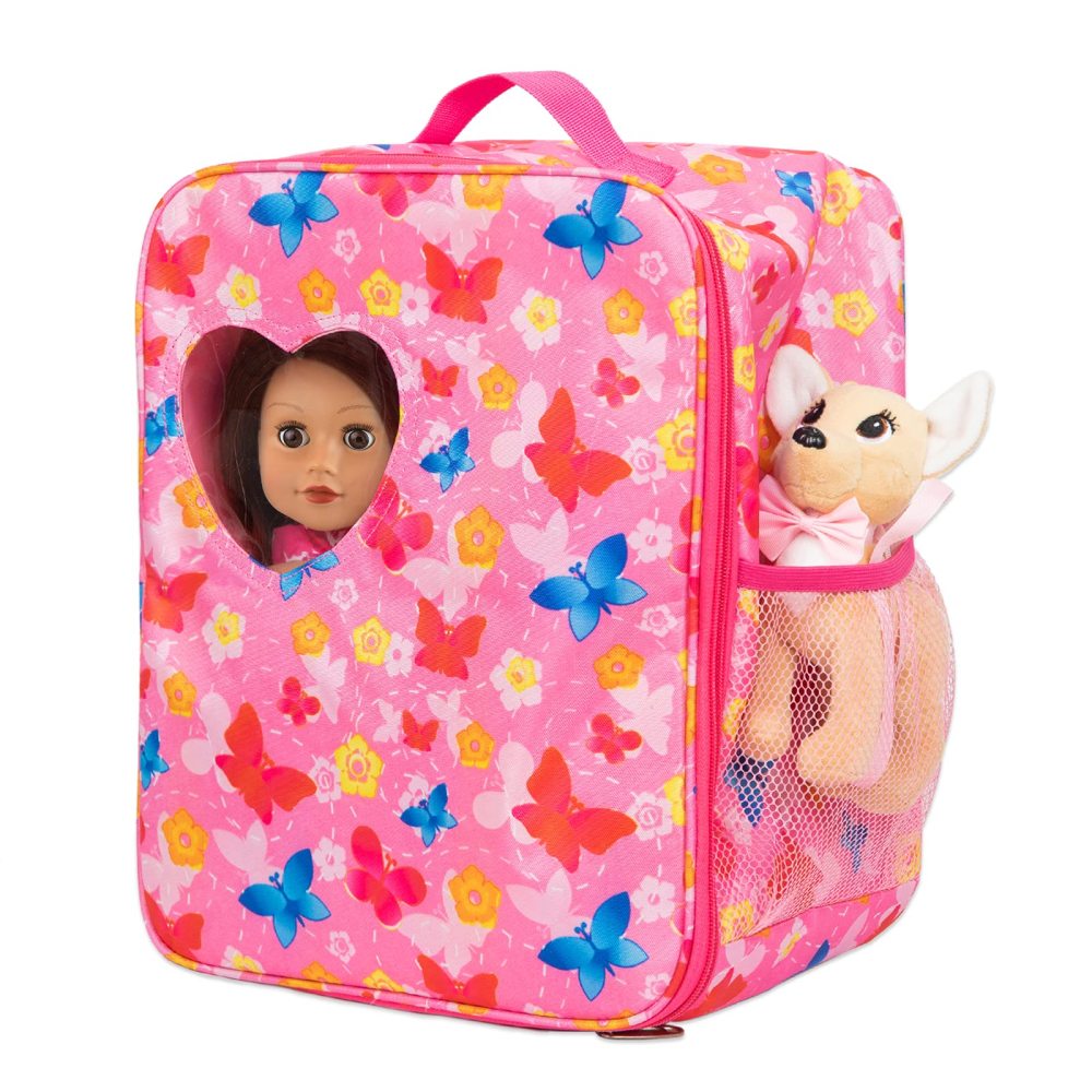 18 Inch Girl Doll Butterfly Design Carrier Bag with Clothes and Accessories Including 18 Inch Doll Clothes, Shoes, Sunglasses, Doll Backpack and Toy Dog