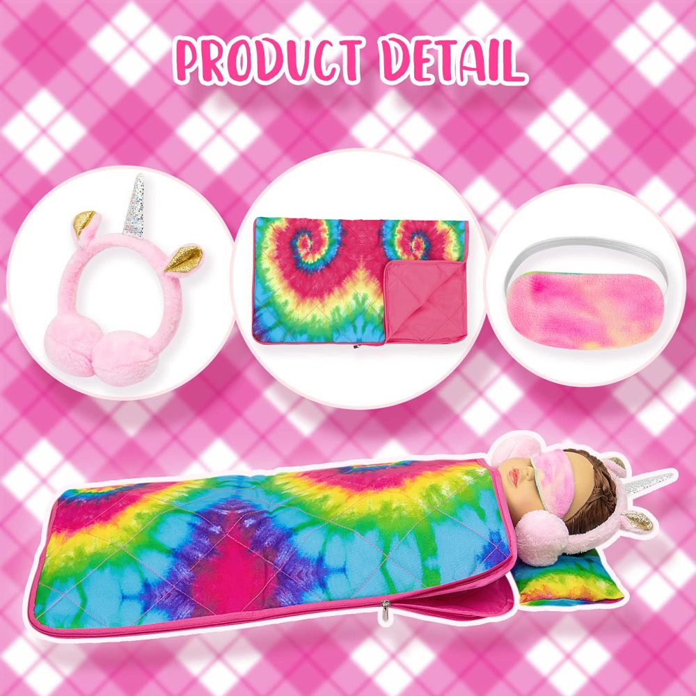 18 inch Girl Doll Clothes and Accessories Set-Colorful Tie-Dyed Sleeping Bag Pajamas Eye Masks Earmuffs Pillow Fits 18 inch Doll