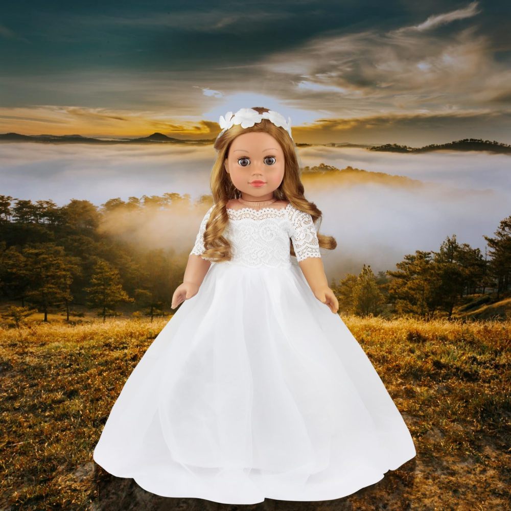 2 Piece 18 Inch Doll Clothes Outfits Little Angel - White Satin and Tule Holy First Communion Dress with HairBand Gift for Girls (Doll not Included)