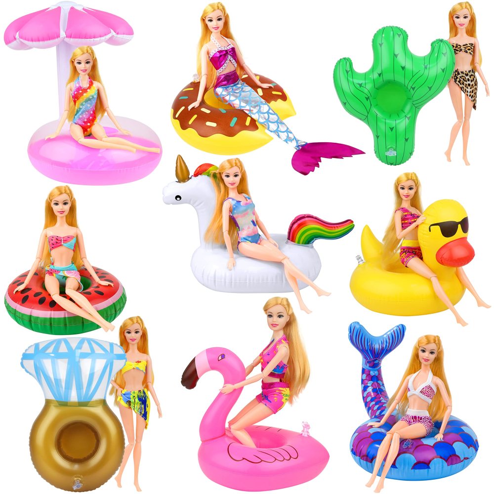 9 Pcs Cute 11.5 Inch Girl Doll Float Swimming Pool Floaties Party Ring Inflatable Drink Holder for 11.5" Girl Dolls Pool Float Toys