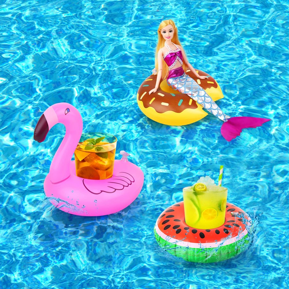9 Pcs Cute 11.5 Inch Girl Doll Float Swimming Pool Floaties Party Ring Inflatable Drink Holder for 11.5" Girl Dolls Pool Float Toys