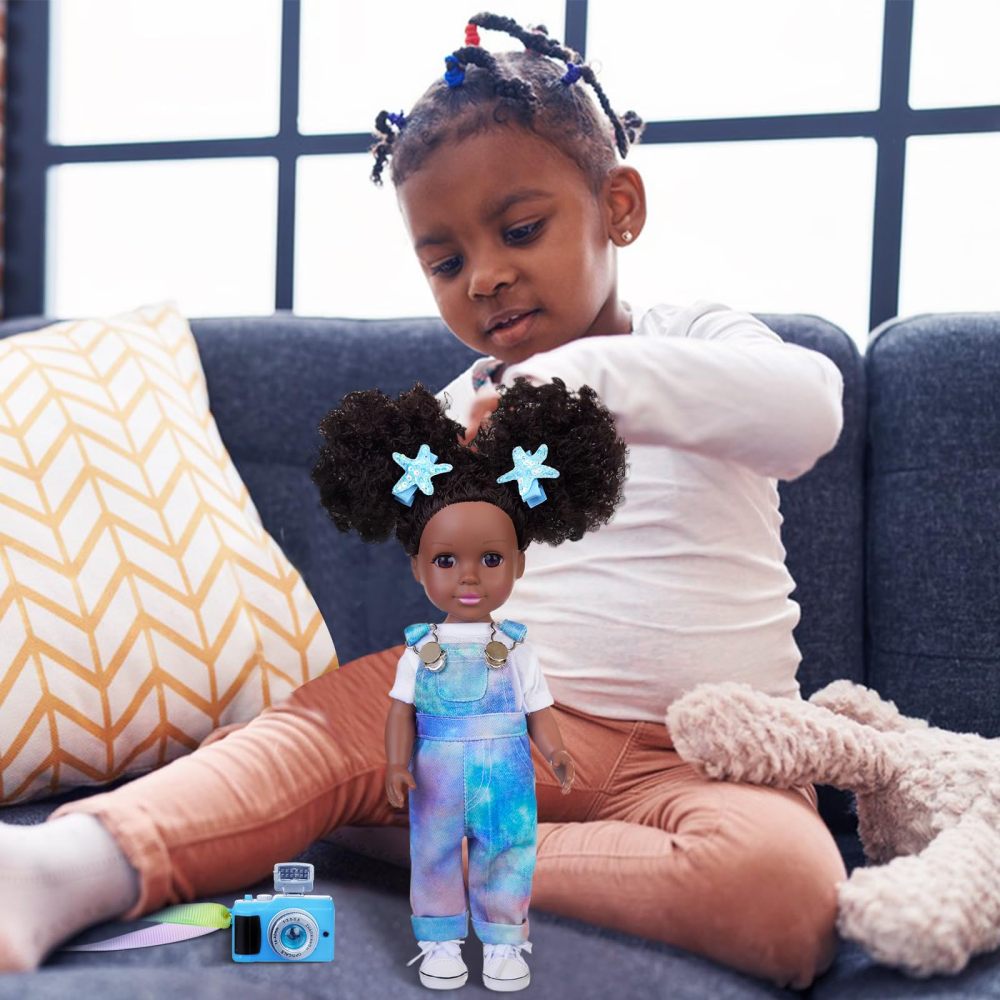 Black African Baby Doll 14 Inch Silicone Black Doll Set with White T-shirt, Blue Tie-Dye Bib Pants, and Accessories - Delightful Gift for Girls