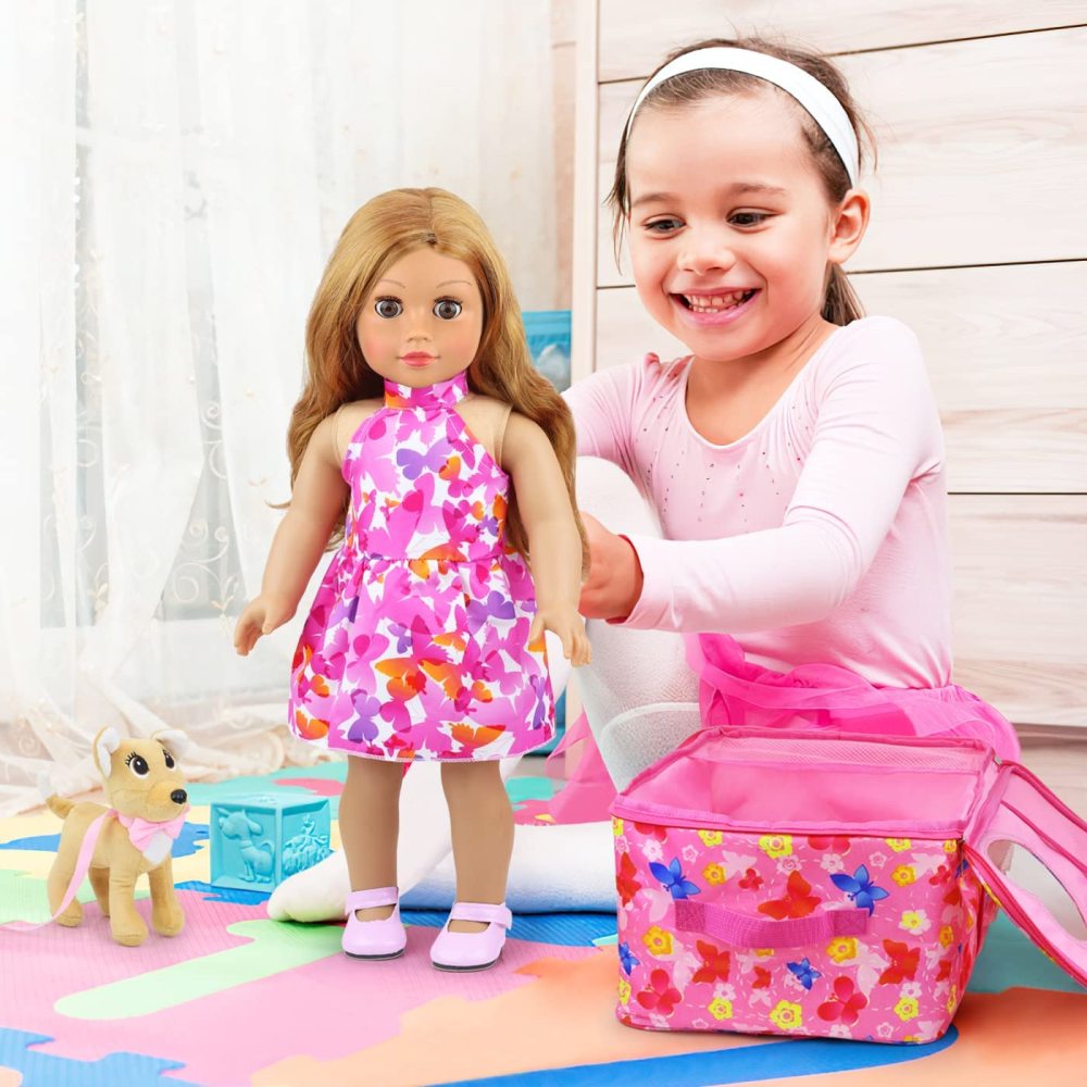 18 Inch Girl Doll Butterfly Design Carrier Bag with Clothes and Accessories Including 18 Inch Doll Clothes, Shoes, Sunglasses, Doll Backpack and Toy Dog