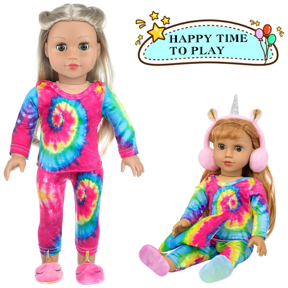 18 inch Girl Doll Clothes and Accessories Set-Colorful Tie-Dyed Sleeping Bag Pajamas Eye Masks Earmuffs Pillow Fits 18 inch Doll