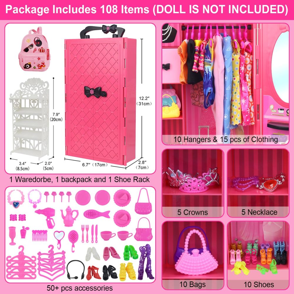 108 Pcs 11.5 Inch Doll Closet Wardrobe Include Clothes, Dresses, Shoes and Other Girl Doll Stuff for 11.5 Inch Girl Doll Clothes as Xmas Gift Present for Girls (NO Doll)