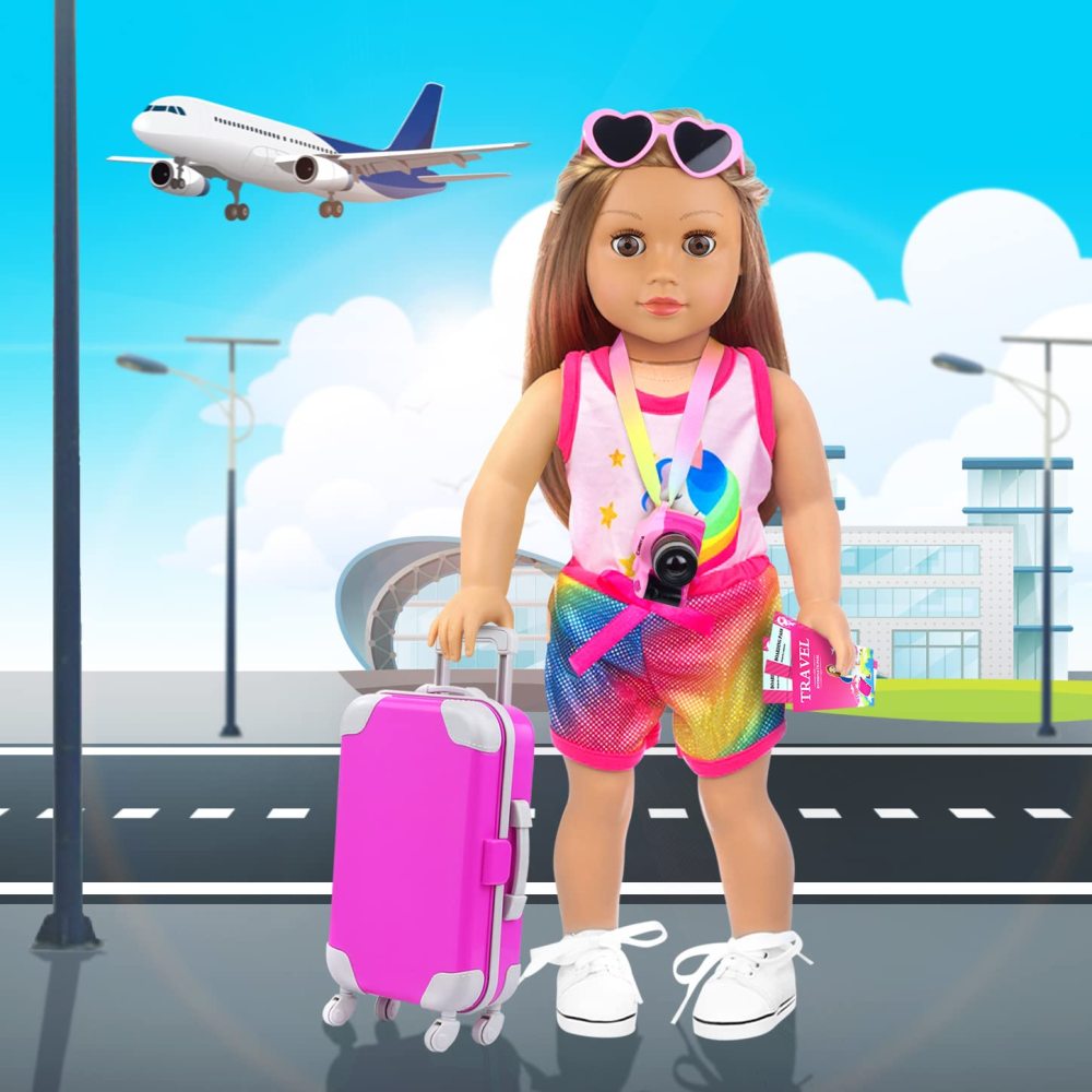 24 Pcs 18 Inch Girl Doll Accessories Suitcase Luggage Travel Set Including 18 Inch Doll Clothes Luggage Pillow Blindfold Sunglasses Camera Computer Cell Phone Ipad and Other Stuff