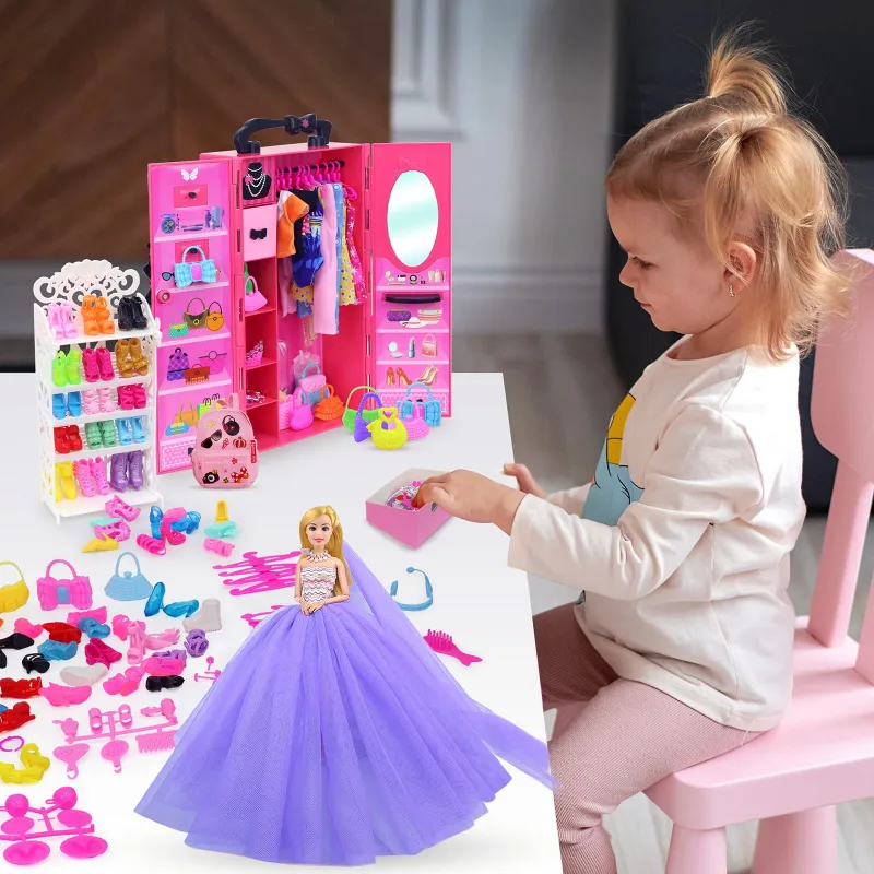 108 Pcs 11.5 Inch Doll Closet Wardrobe Include Clothes, Dresses, Shoes and Other Girl Doll Stuff for 11.5 Inch Girl Doll Clothes as Xmas Gift Present for Girls (NO Doll)