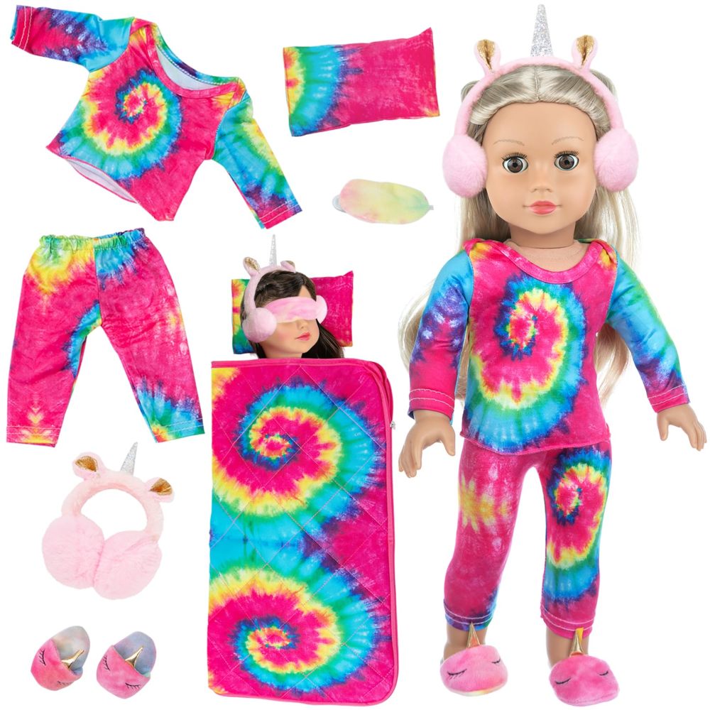 18 inch Girl Doll Clothes and Accessories Set-Colorful Tie-Dyed Sleeping Bag Pajamas Eye Masks Earmuffs Pillow Fits 18 inch Doll