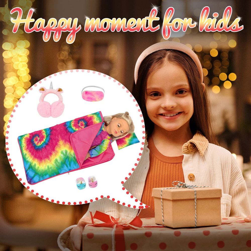 18 inch Girl Doll Clothes and Accessories Set-Colorful Tie-Dyed Sleeping Bag Pajamas Eye Masks Earmuffs Pillow Fits 18 inch Doll
