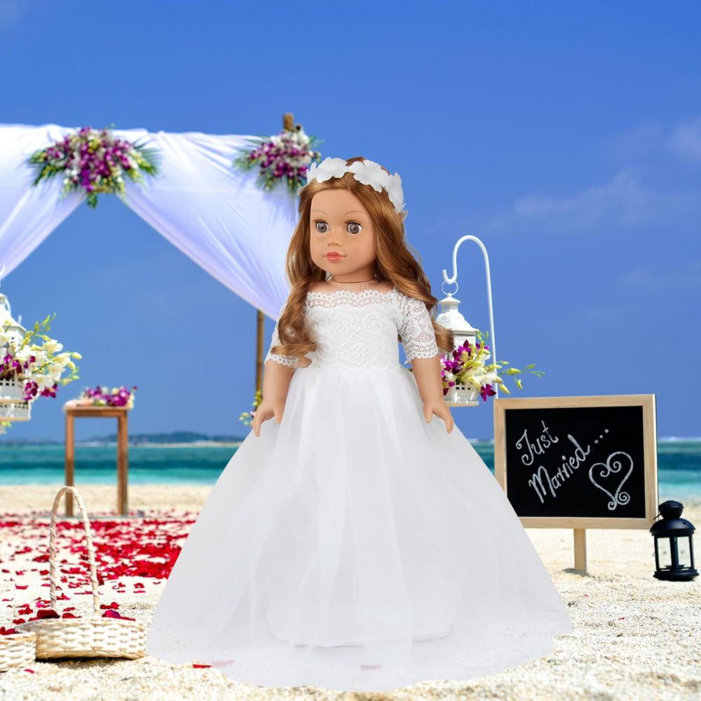2 Piece 18 Inch Doll Clothes Outfits Little Angel - White Satin and Tule Holy First Communion Dress with HairBand Gift for Girls (Doll not Included)