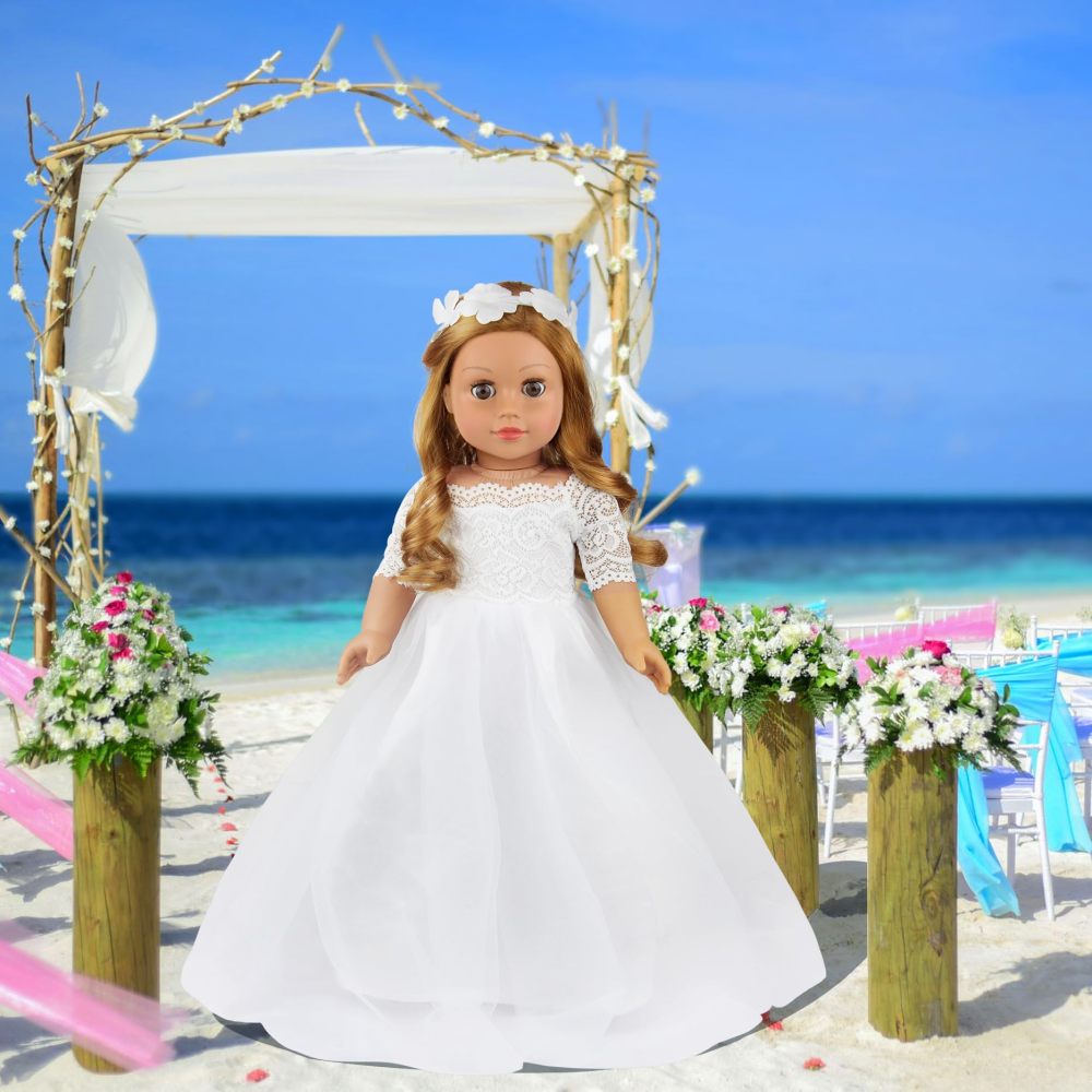 2 Piece 18 Inch Doll Clothes Outfits Little Angel - White Satin and Tule Holy First Communion Dress with HairBand Gift for Girls (Doll not Included)