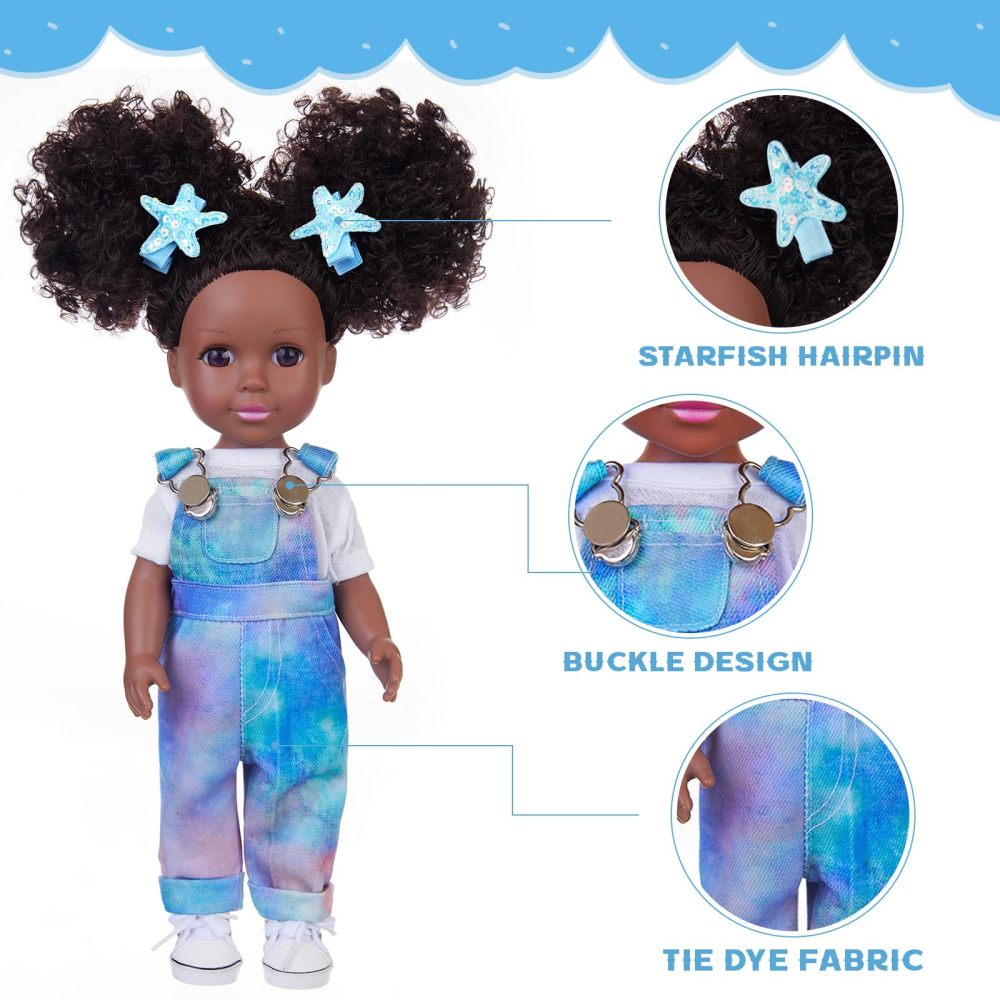 Black African Baby Doll 14 Inch Silicone Black Doll Set with White T-shirt, Blue Tie-Dye Bib Pants, and Accessories - Delightful Gift for Girls