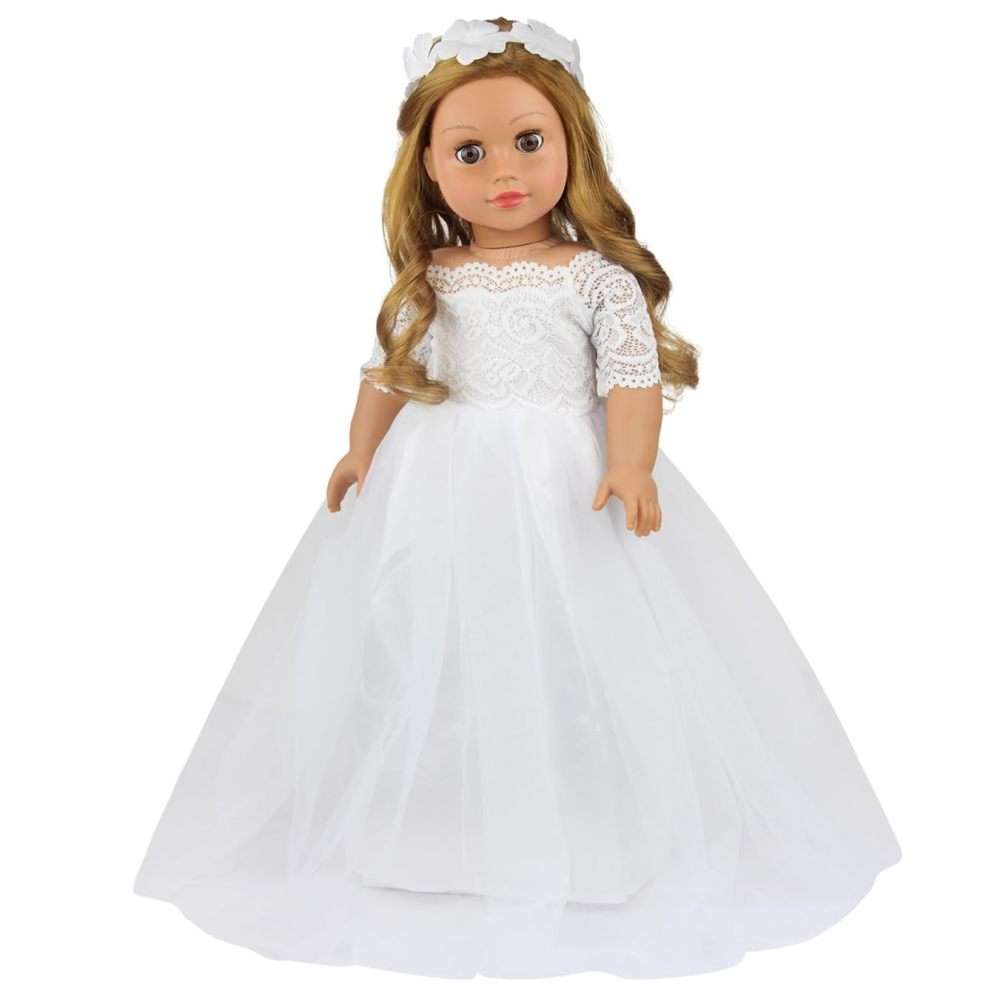 2 Piece 18 Inch Doll Clothes Outfits Little Angel - White Satin and Tule Holy First Communion Dress with HairBand Gift for Girls (Doll not Included)
