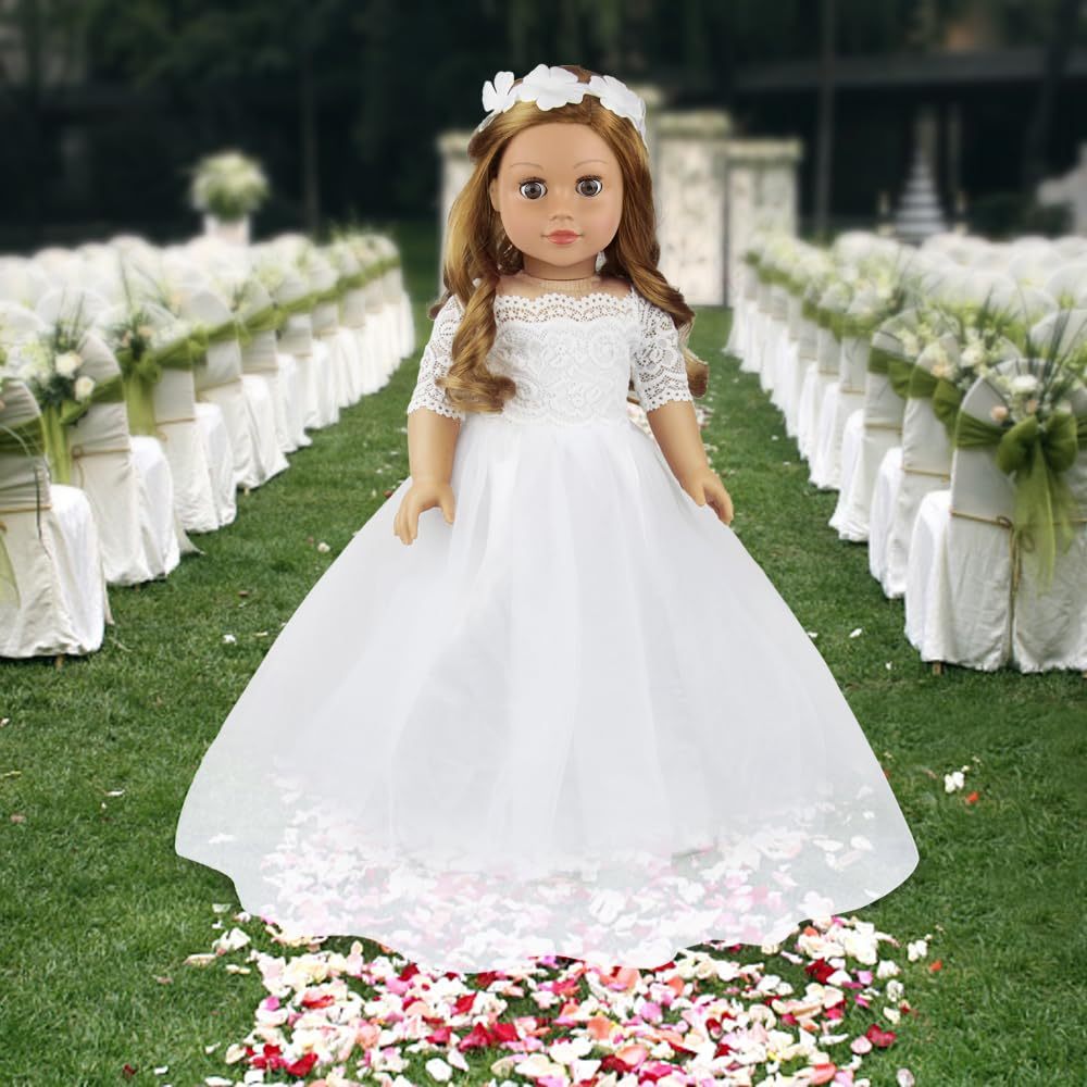 2 Piece 18 Inch Doll Clothes Outfits Little Angel - White Satin and Tule Holy First Communion Dress with HairBand Gift for Girls (Doll not Included)