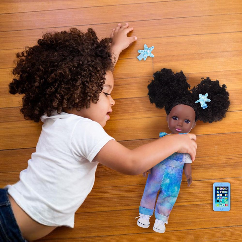 Black African Baby Doll 14 Inch Silicone Black Doll Set with White T-shirt, Blue Tie-Dye Bib Pants, and Accessories - Delightful Gift for Girls