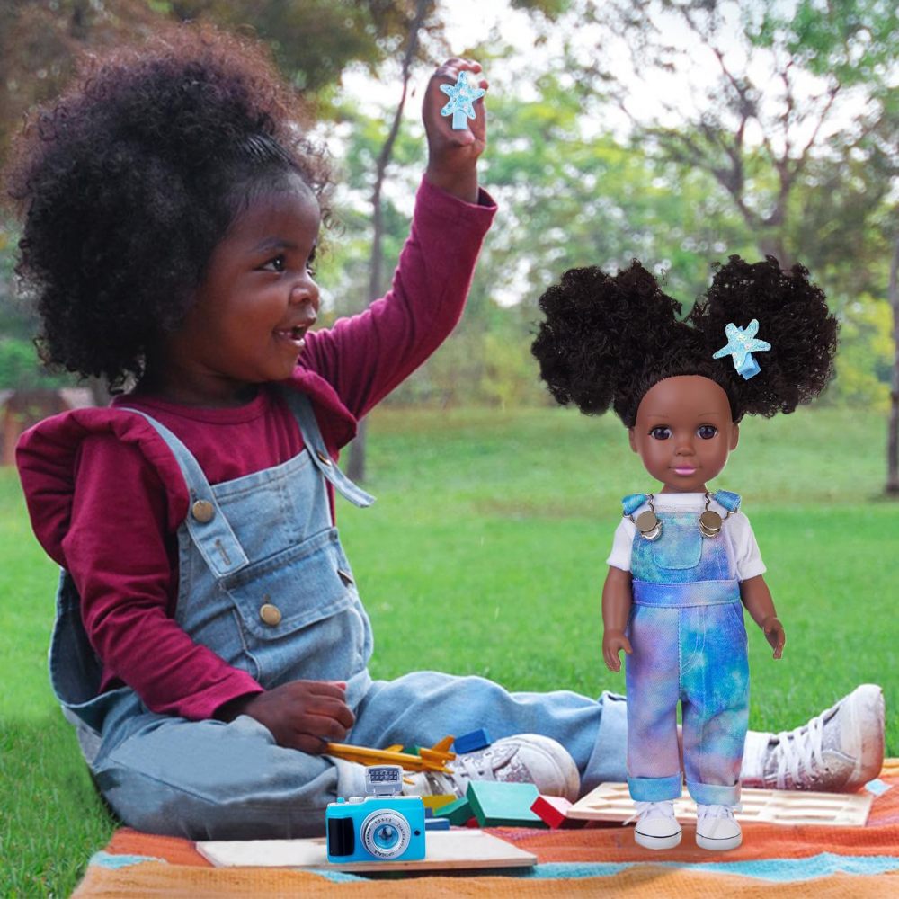Black African Baby Doll 14 Inch Silicone Black Doll Set with White T-shirt, Blue Tie-Dye Bib Pants, and Accessories - Delightful Gift for Girls