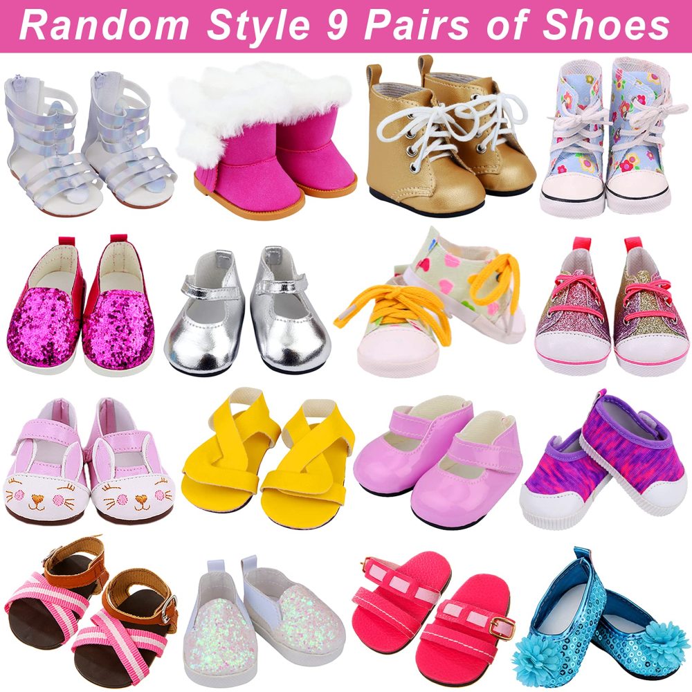 18 Inch Girl Doll Accessories Includes Random Style 9 Pairs of Shoes Fit for 18 Inch Girl Doll Shoes Including Snow Boots, Leather Shoes, Sandals, Slipper