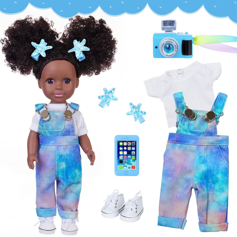 Black African Baby Doll 14 Inch Silicone Black Doll Set with White T-shirt, Blue Tie-Dye Bib Pants, and Accessories - Delightful Gift for Girls