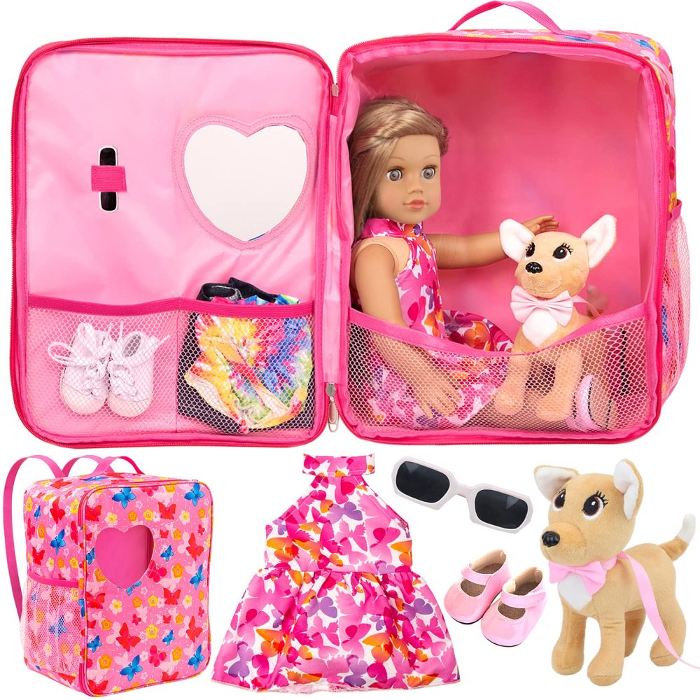 18 Inch Girl Doll Butterfly Design Carrier Bag with Clothes and Accessories Including 18 Inch Doll Clothes, Shoes, Sunglasses, Doll Backpack and Toy Dog