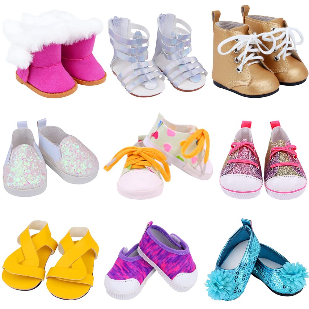 18 Inch Girl Doll Accessories Includes Random Style 9 Pairs of Shoes Fit for 18 Inch Girl Doll Shoes Including Snow Boots, Leather Shoes, Sandals, Slipper