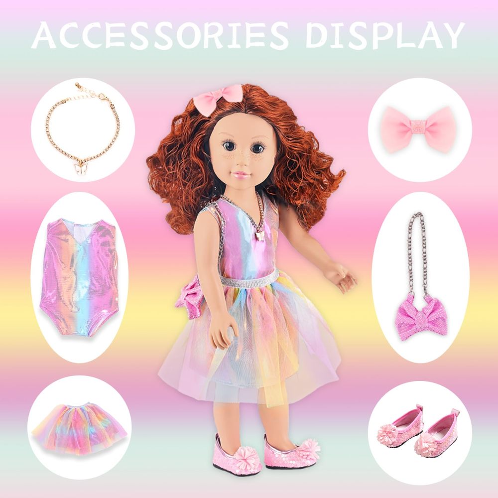18 Inch American Doll with Doll Clothes and Accessories Including 18 Inch Doll Rainbow Dress Bow Bag Shoes Hairpin Necklace for Kids