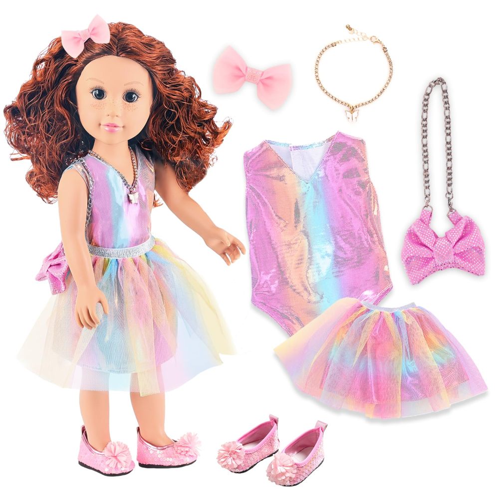 18 Inch American Doll with Doll Clothes and Accessories Including 18 Inch Doll Rainbow Dress Bow Bag Shoes Hairpin Necklace for Kids