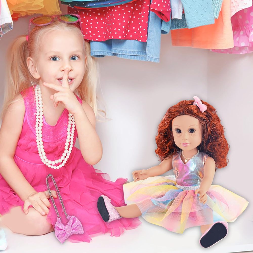 18 Inch American Doll with Doll Clothes and Accessories Including 18 Inch Doll Rainbow Dress Bow Bag Shoes Hairpin Necklace for Kids