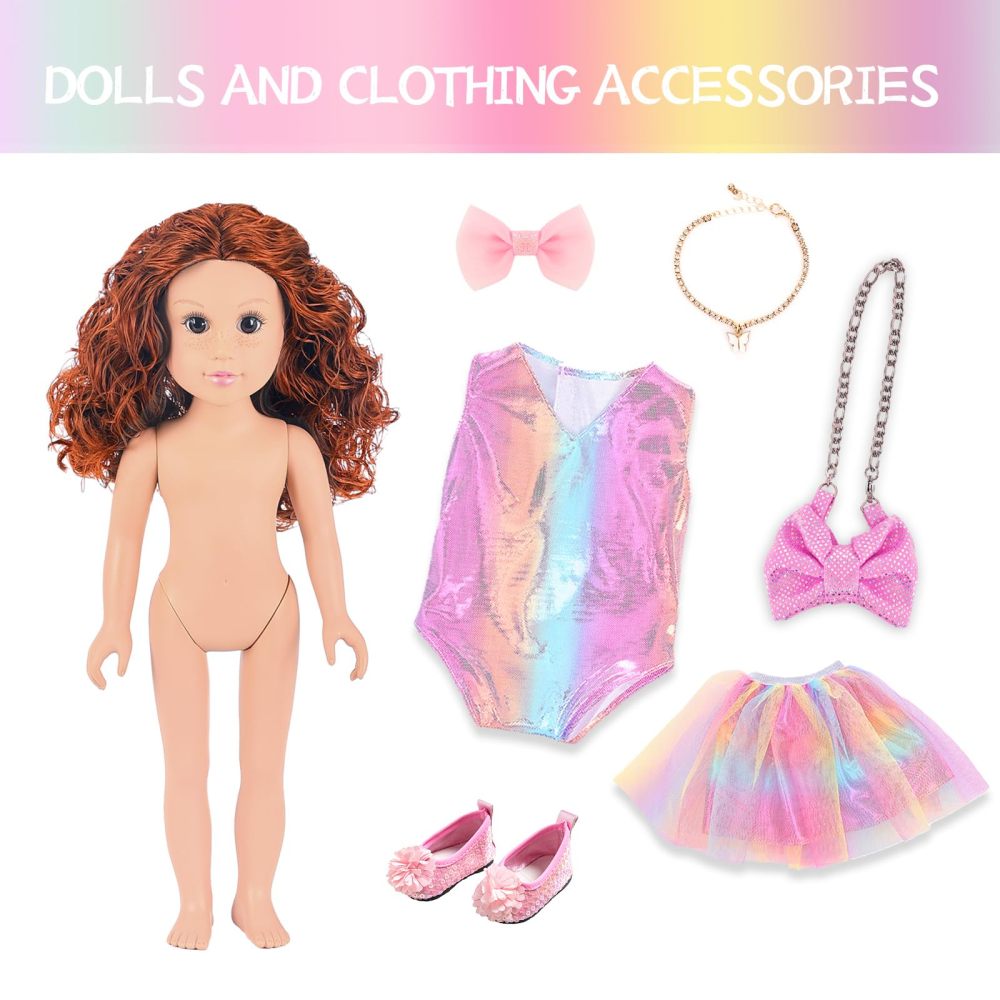 18 Inch American Doll with Doll Clothes and Accessories Including 18 Inch Doll Rainbow Dress Bow Bag Shoes Hairpin Necklace for Kids