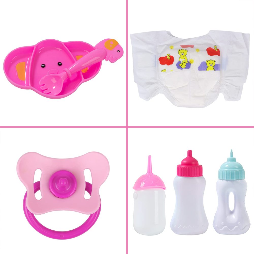 13 Piece Baby Doll Accessories Baby Doll Feeding and Caring Set includes Diaper Bag Clothes Doll Diapers Baby Bottles Dinner Plate Pacifier Comb Babies Pretend Play Set for Toddlers Kids