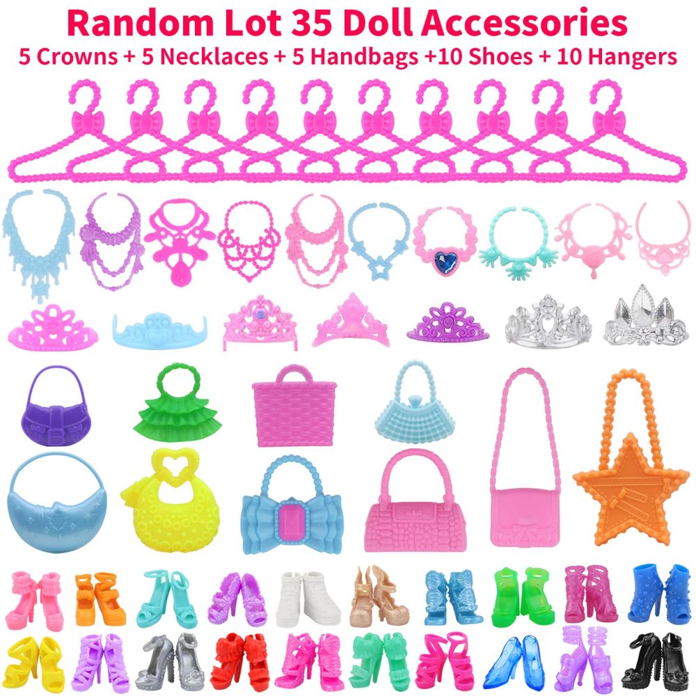 48 pcs Doll Clothes and Accessories for 11.5 Inch Doll - 2 Princess Dresses 7 Fashion Dresses 2 Outfits 2 Swimsuits 10 Shoes 5 Crowns 5 Necklaces 5 Handbags 10 Hangers Accessories Girls Gift
