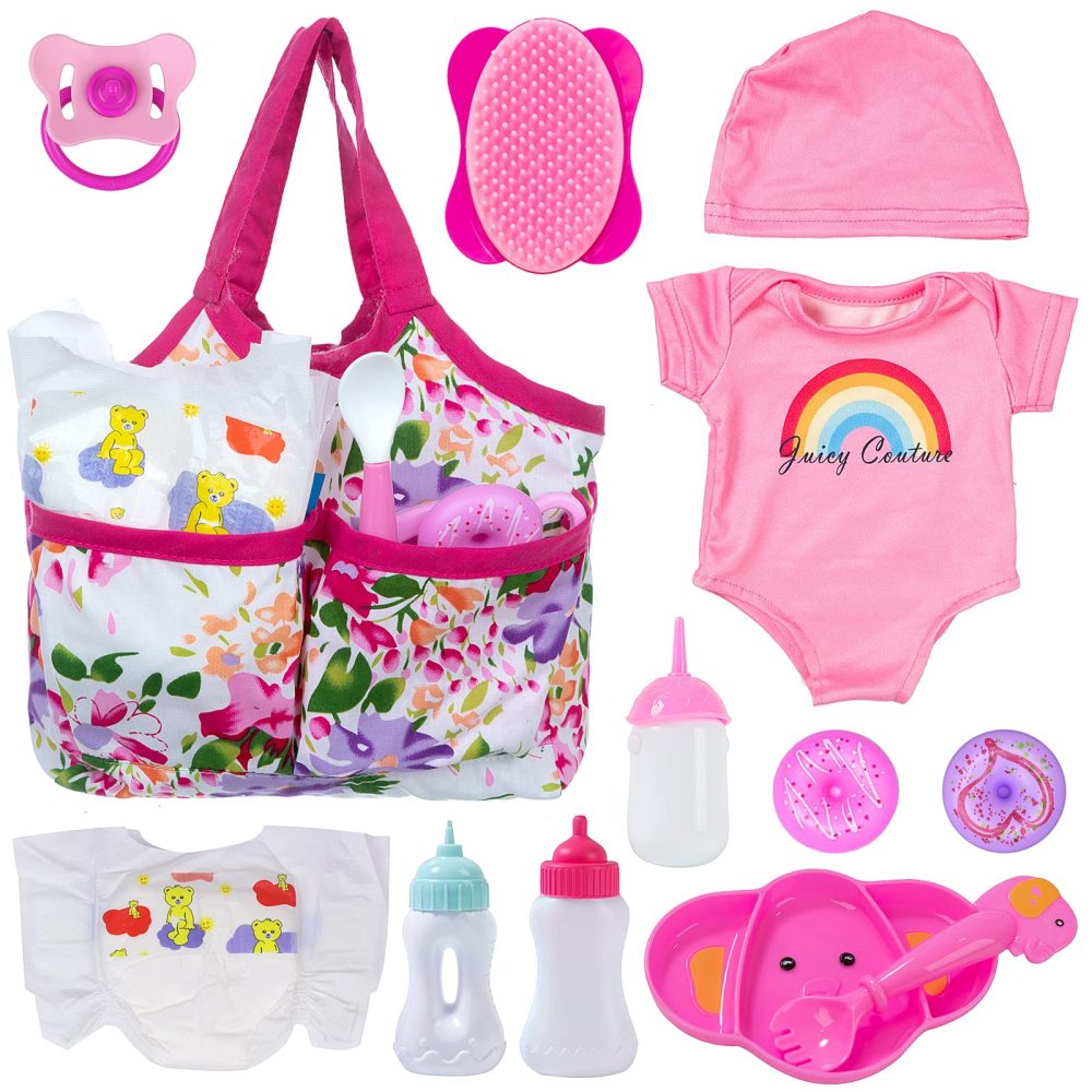 13 Piece Baby Doll Accessories Baby Doll Feeding and Caring Set includes Diaper Bag Clothes Doll Diapers Baby Bottles Dinner Plate Pacifier Comb Babies Pretend Play Set for Toddlers Kids